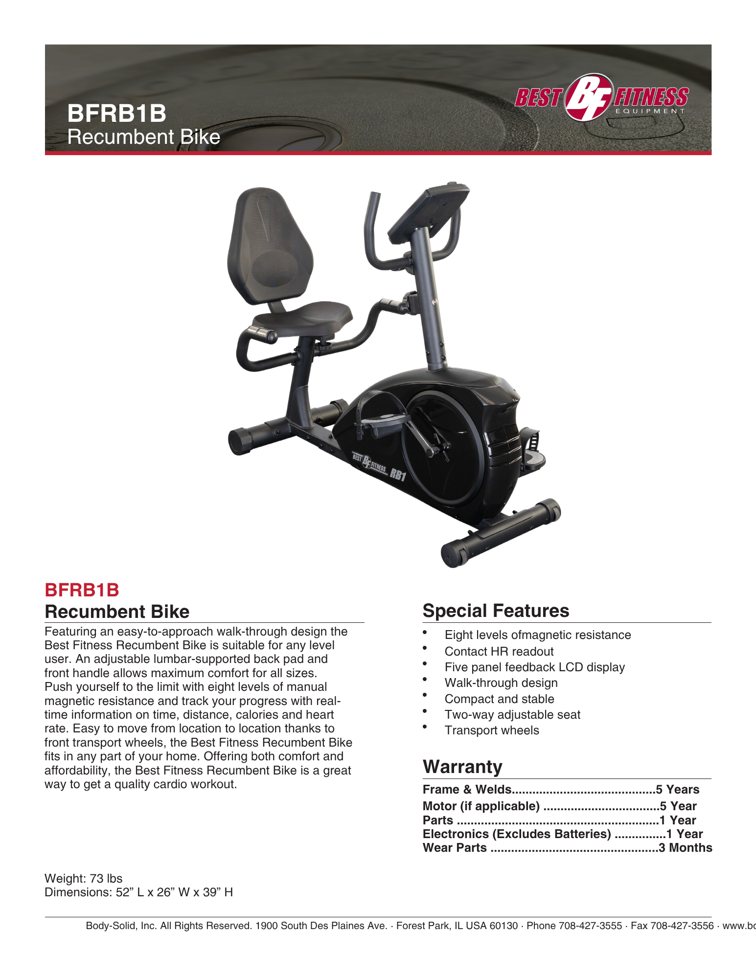 BFRB1B Best Fitness Recumbent Bike Body-Solid Specifications