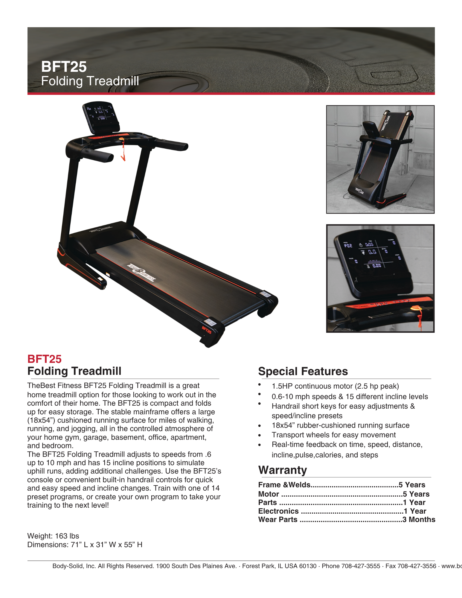 Best Fitness BFT25 Treadmill Specifications